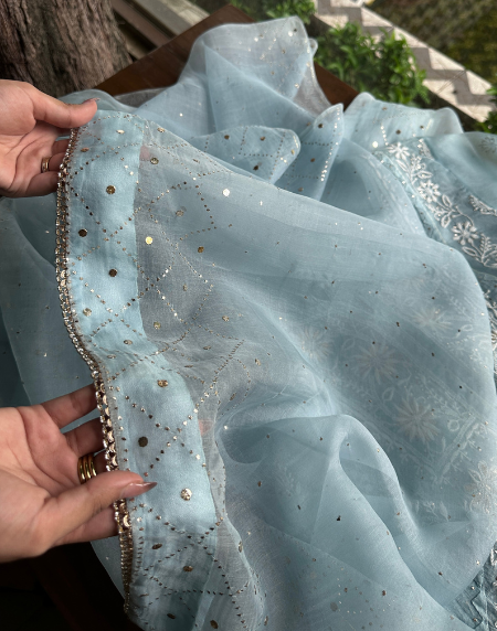 Powder Blue Noor Organza Applique Chikankari Mukaish Kurta Dupatta Set