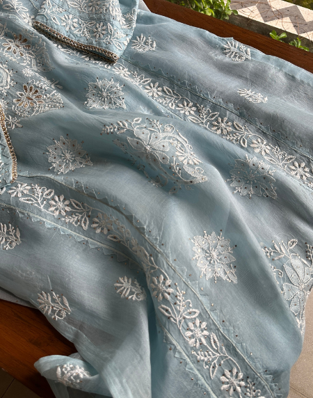 Powder Blue Noor Organza Applique Chikankari Mukaish Kurta Dupatta Set