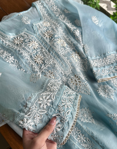 Powder Blue Noor Organza Applique Chikankari Mukaish Kurta Dupatta Set