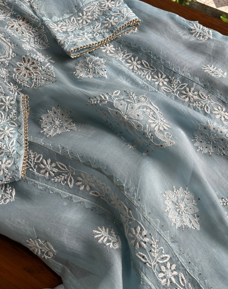 Powder Blue Noor Organza Applique Chikankari Mukaish Kurta Dupatta Set