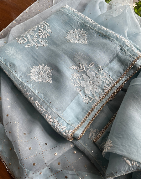 Powder Blue Noor Organza Applique Chikankari Mukaish Kurta Dupatta Set