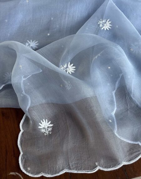 Powder Blue Noor Organza Silk Chikankari Unstitched Kurta Dupatta Set