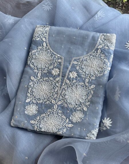 Powder Blue Noor Organza Silk Chikankari Unstitched Kurta Dupatta Set