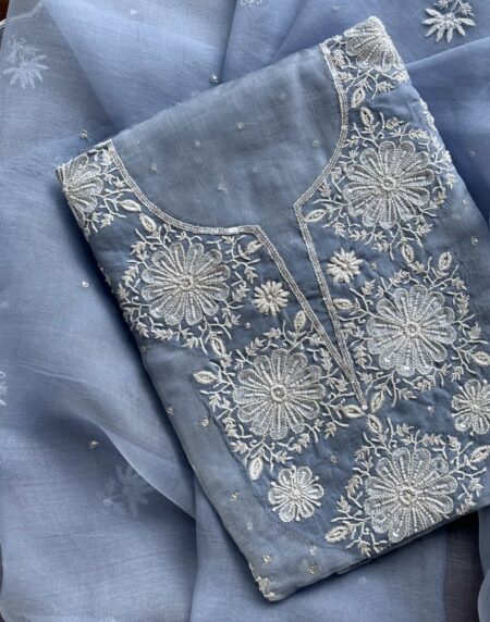 Powder Blue Noor Organza Silk Chikankari Unstitched Kurta Dupatta Set