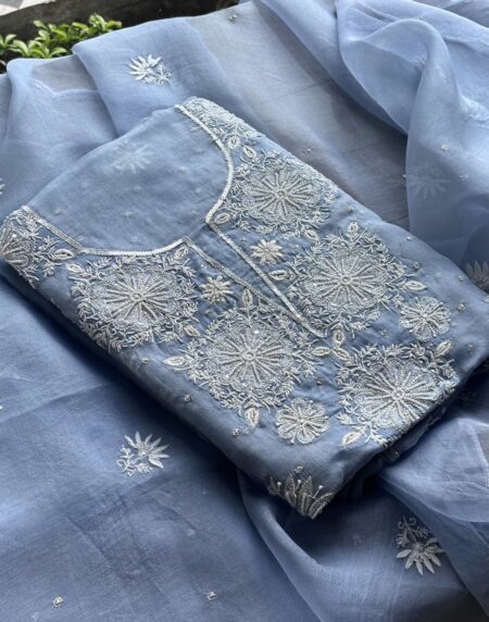 Powder Blue Noor Organza Silk Chikankari Unstitched Kurta Dupatta Set