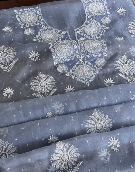 Powder Blue Noor Organza Silk Chikankari Unstitched Kurta Dupatta Set