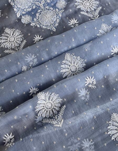 Powder Blue Noor Organza Silk Chikankari Unstitched Kurta Dupatta Set