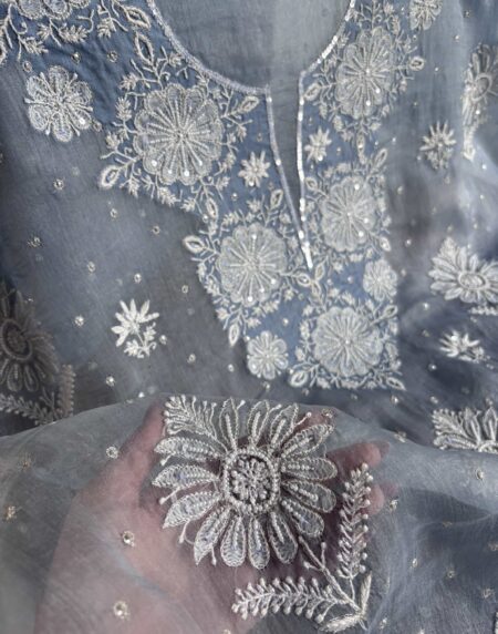 Powder Blue Noor Organza Silk Chikankari Unstitched Kurta Dupatta Set
