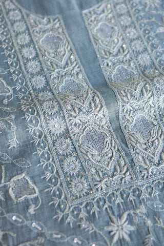 Powder Blue Shade Silver Tissue Silk Chikankari Unstitched Fabric