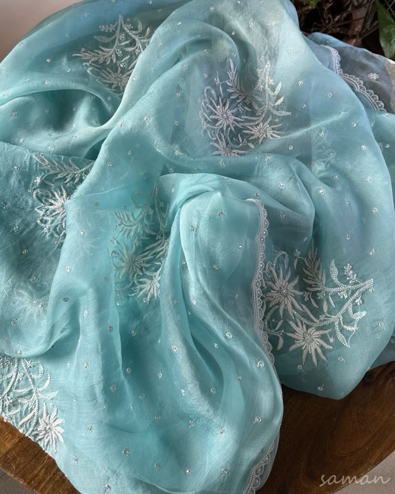 Ice Blue Noor Organza Cutwork Chikankari Saree