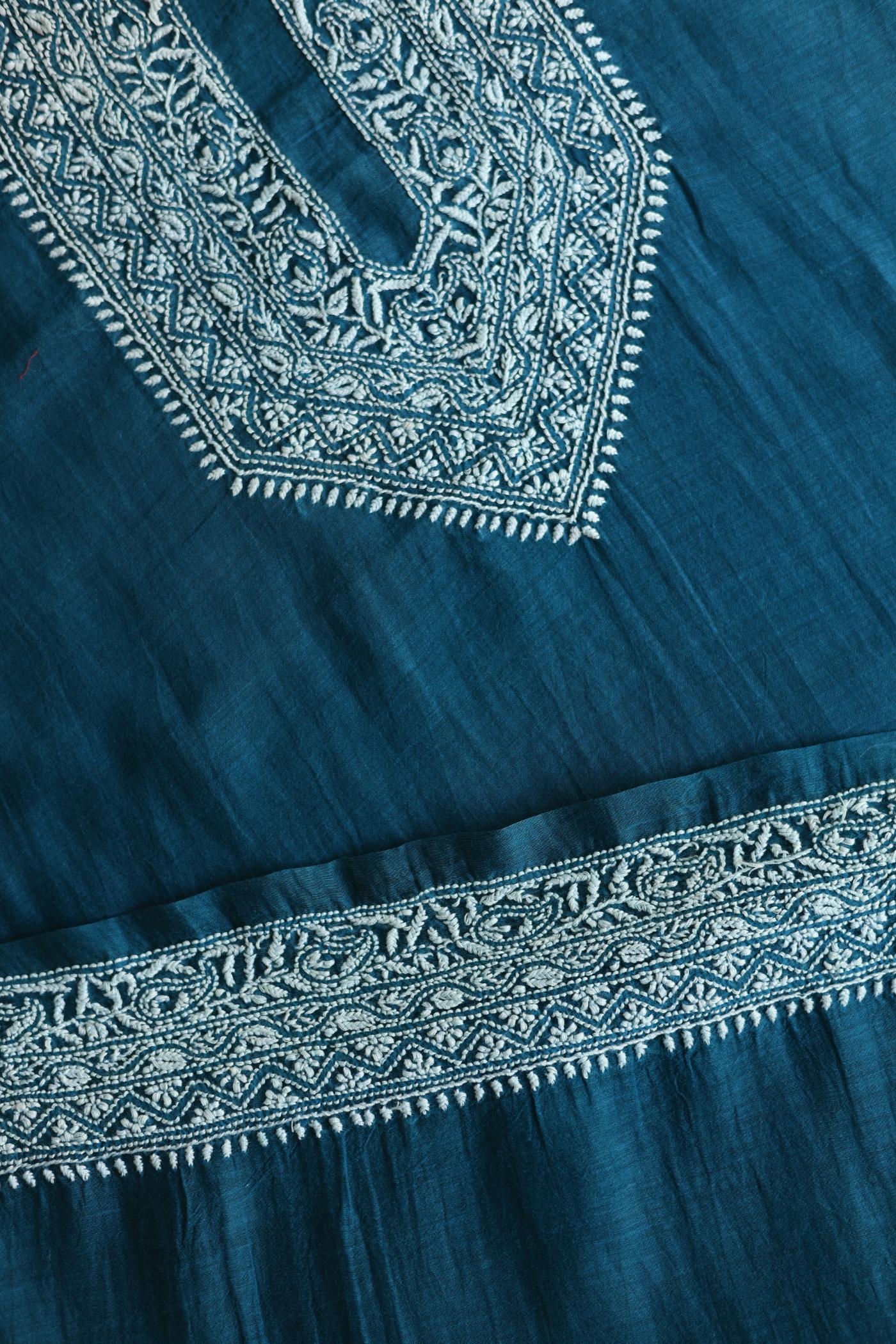 Prussian Blue Mulmul Chikankari Unstitched Men's Kurtas Fabric