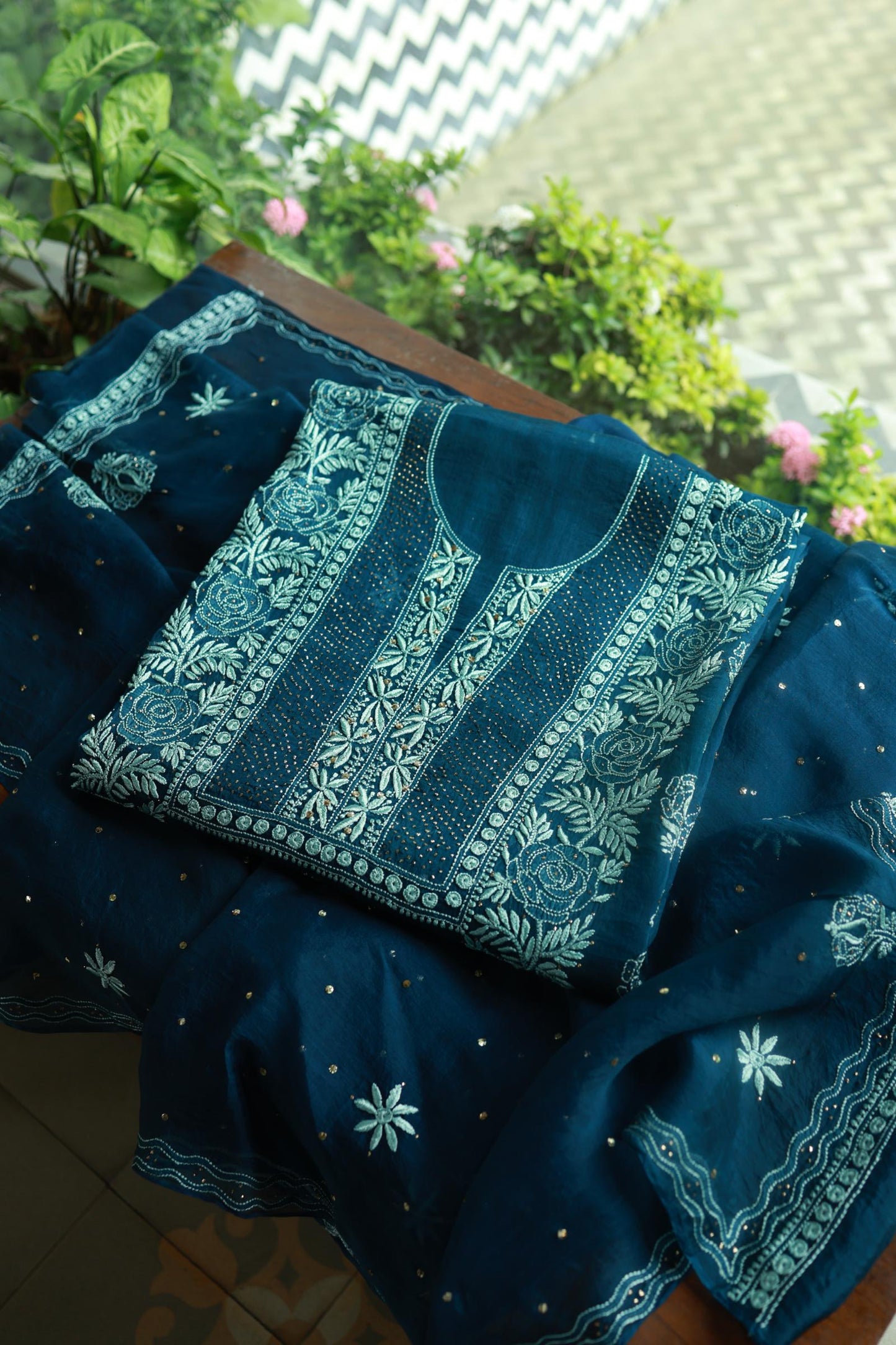 Prussian Blue Noor Organza Silk Chikankari With Kamdani Fabric