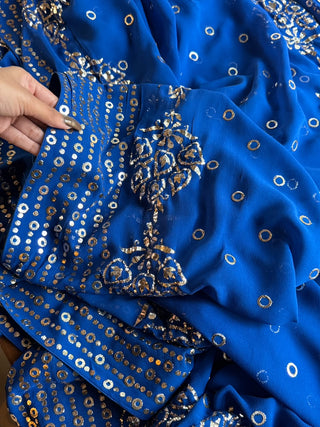 Pure Georgette Royal Blue Shade Mukaish Kamdani Saree With Blouse