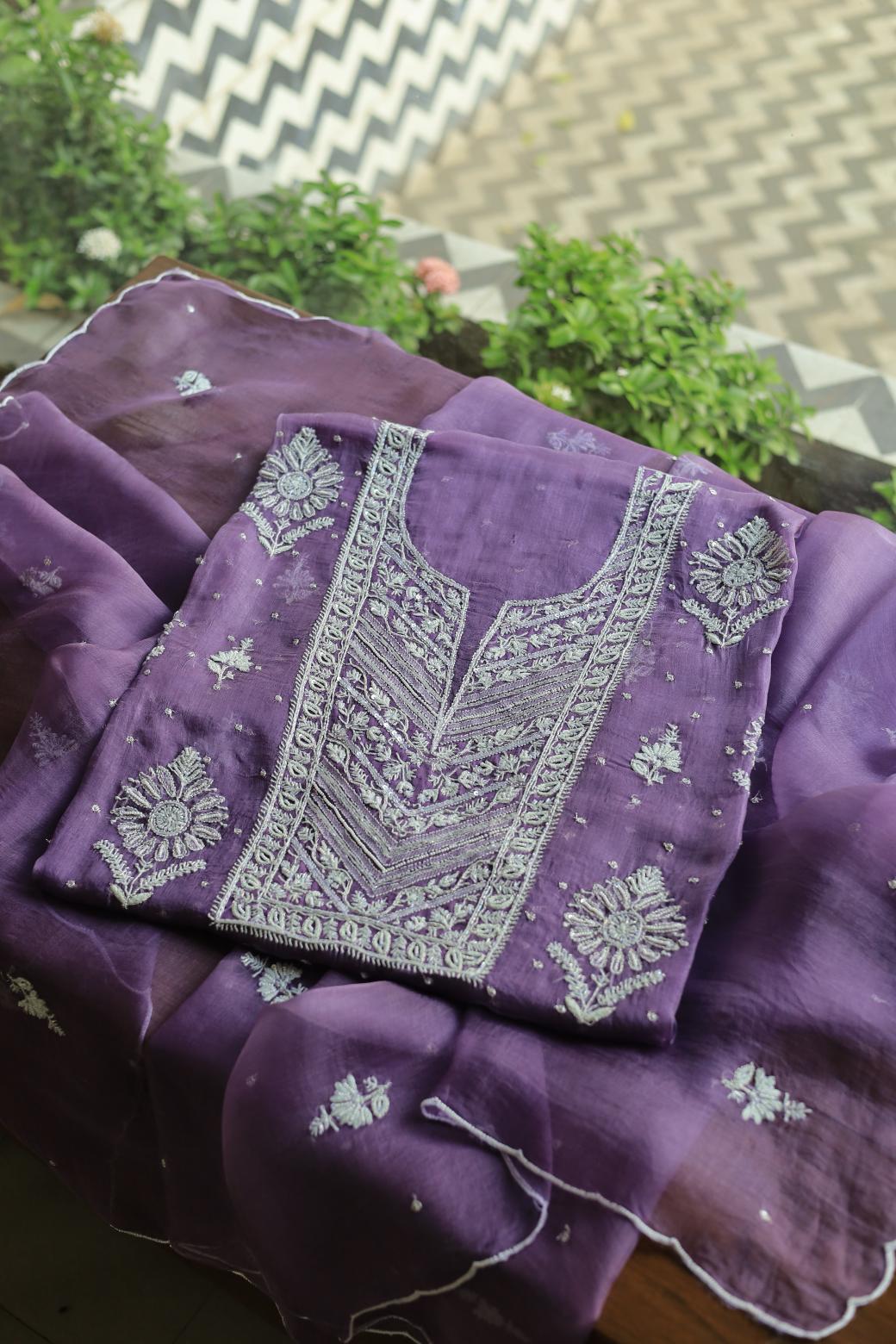 Purple Noor Organza Silk Chikankari Unstitched Kurta Dupatta Set