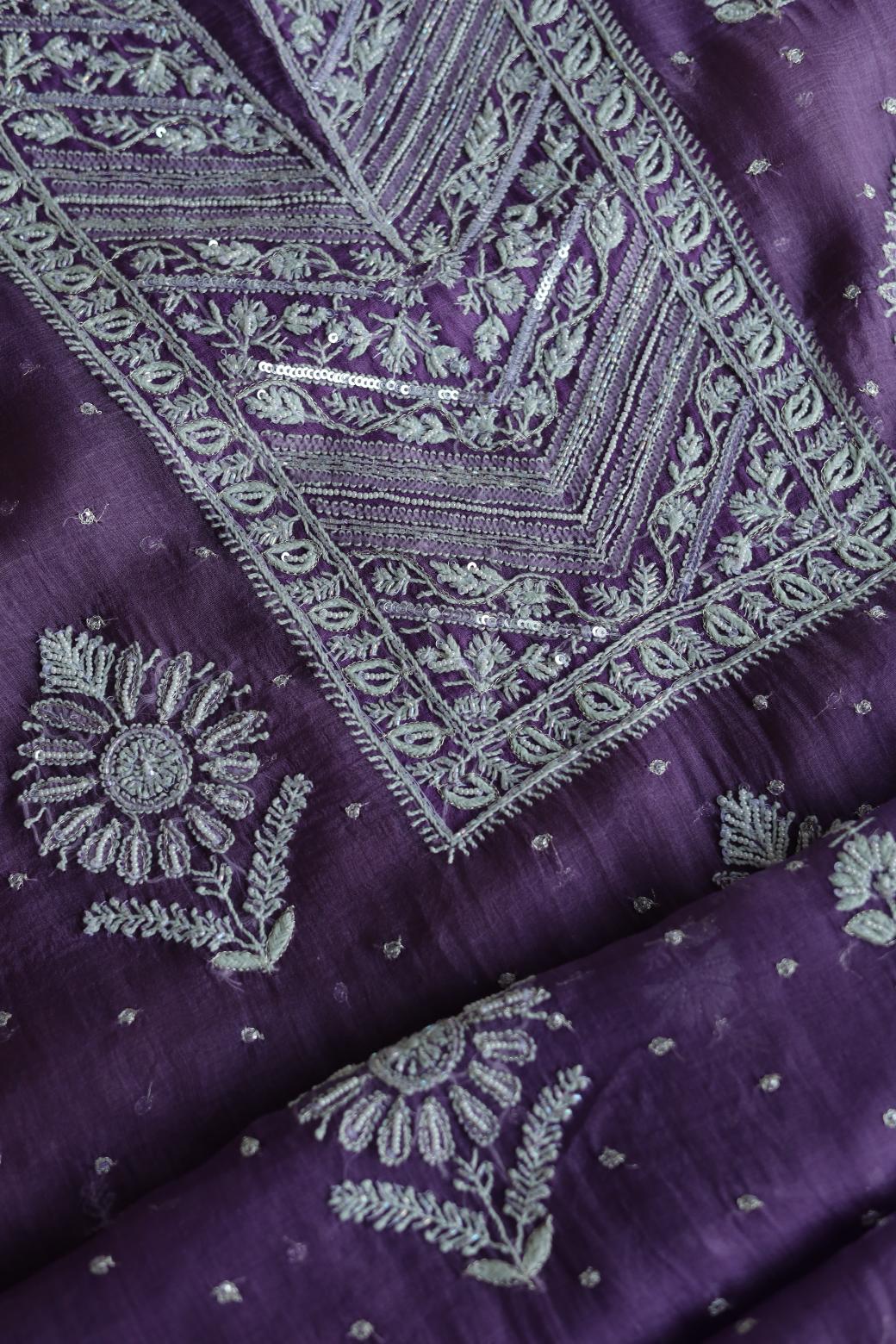 Purple Noor Organza Silk Chikankari Unstitched Kurta Dupatta Set