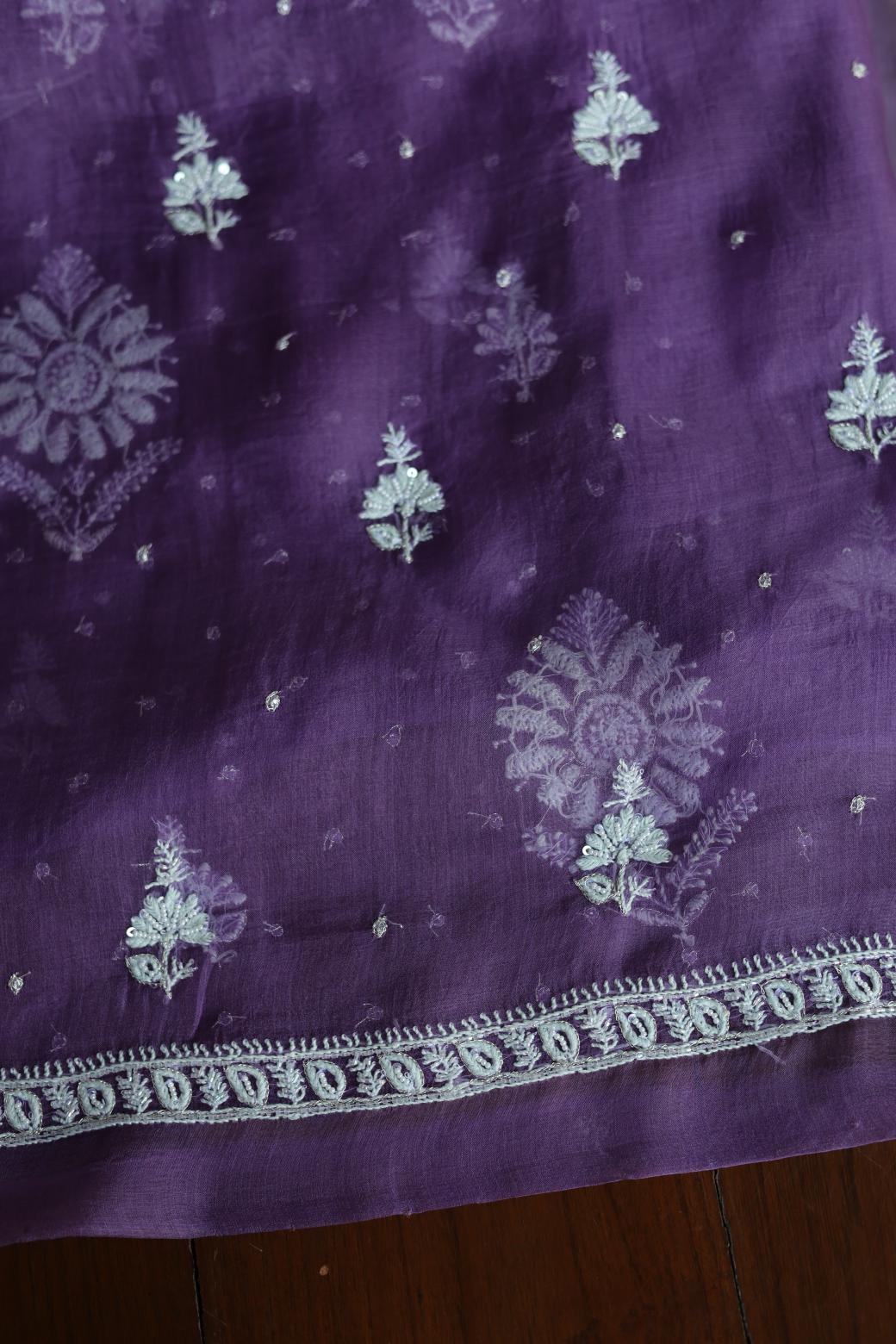 Purple Noor Organza Silk Chikankari Unstitched Kurta Dupatta Set