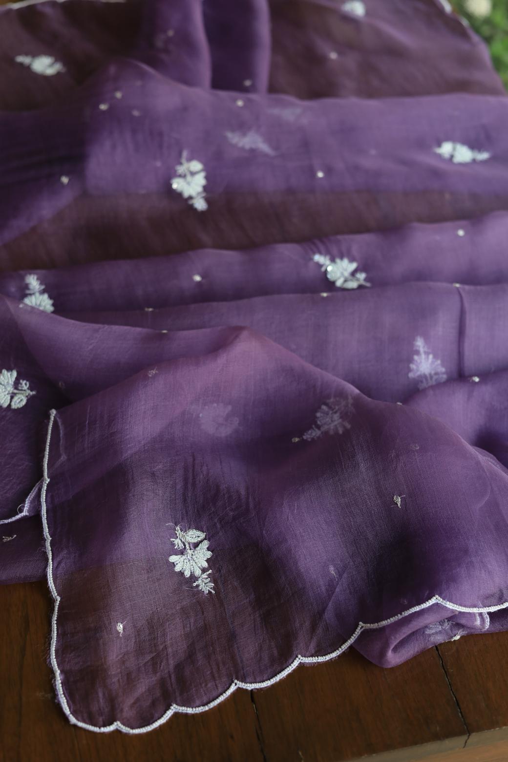 Purple Noor Organza Silk Chikankari Unstitched Kurta Dupatta Set