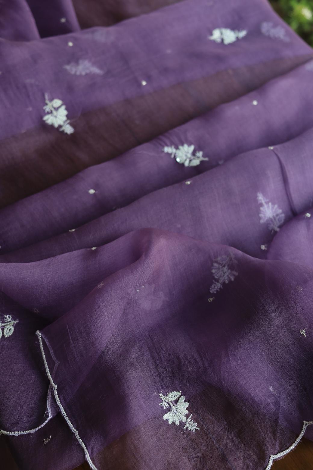 Purple Noor Organza Silk Chikankari Unstitched Kurta Dupatta Set