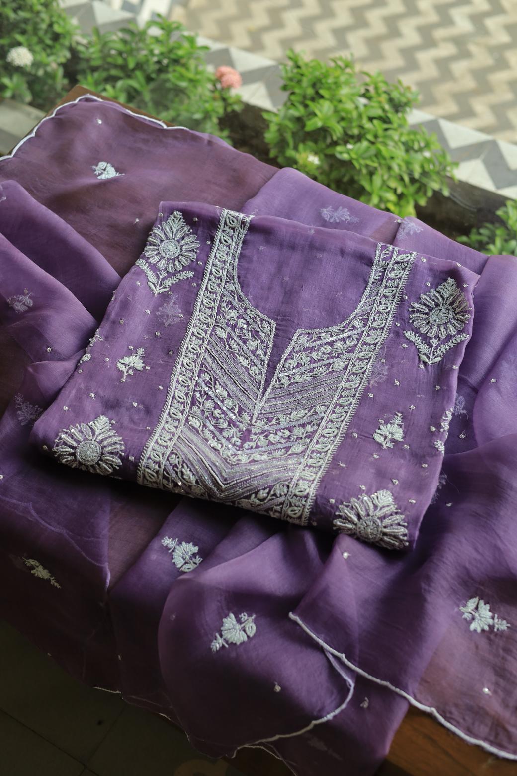 Purple Noor Organza Silk Chikankari Unstitched Kurta Dupatta Set