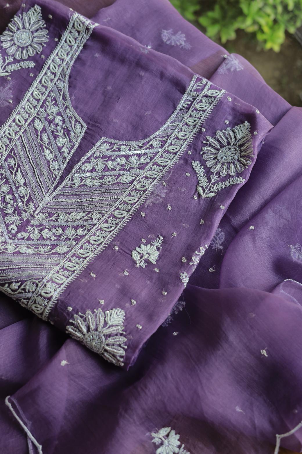 Purple Noor Organza Silk Chikankari Unstitched Kurta Dupatta Set