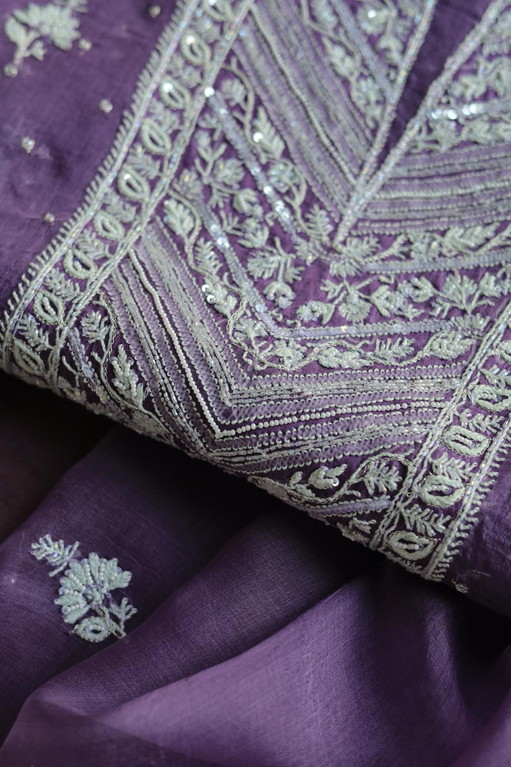 Purple Noor Organza Silk Chikankari Unstitched Kurta Dupatta Set