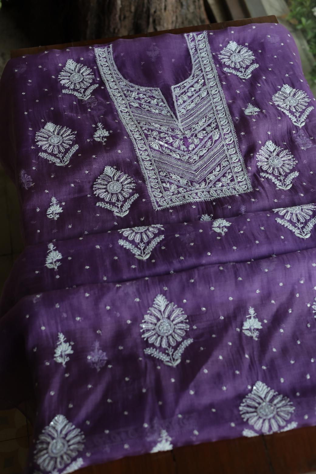 Purple Noor Organza Silk Chikankari Unstitched Kurta Dupatta Set