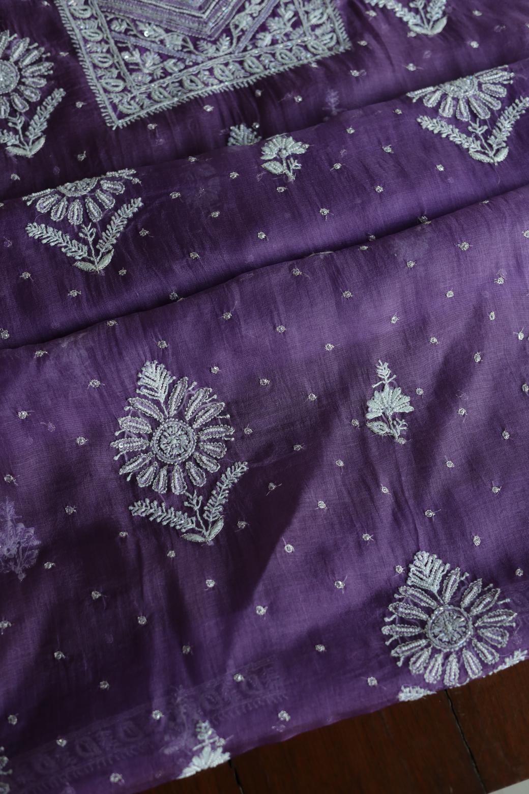 Purple Noor Organza Silk Chikankari Unstitched Kurta Dupatta Set