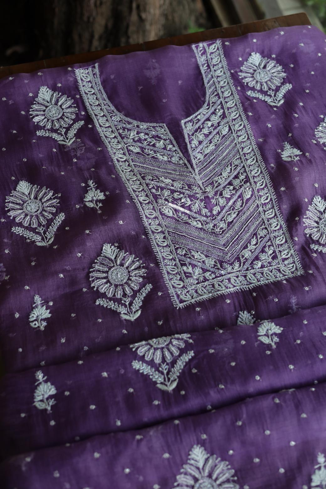 Purple Noor Organza Silk Chikankari Unstitched Kurta Dupatta Set