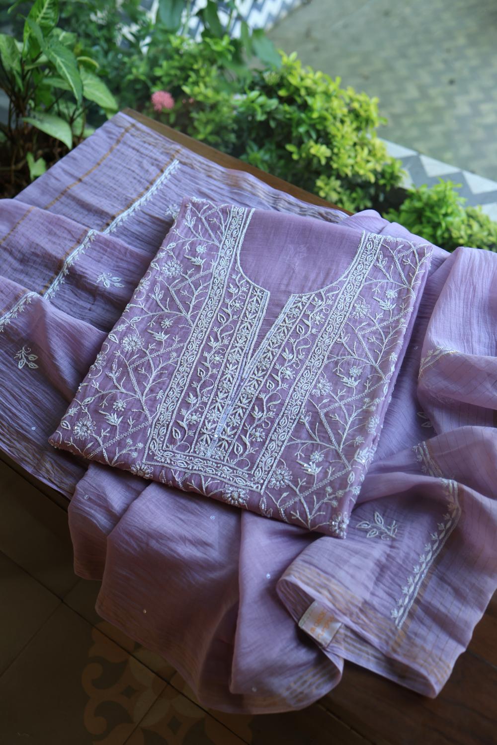 Purple Mal Chanderi Silk Chikankari With Sequins Unstitched Kurta Dupatta Set