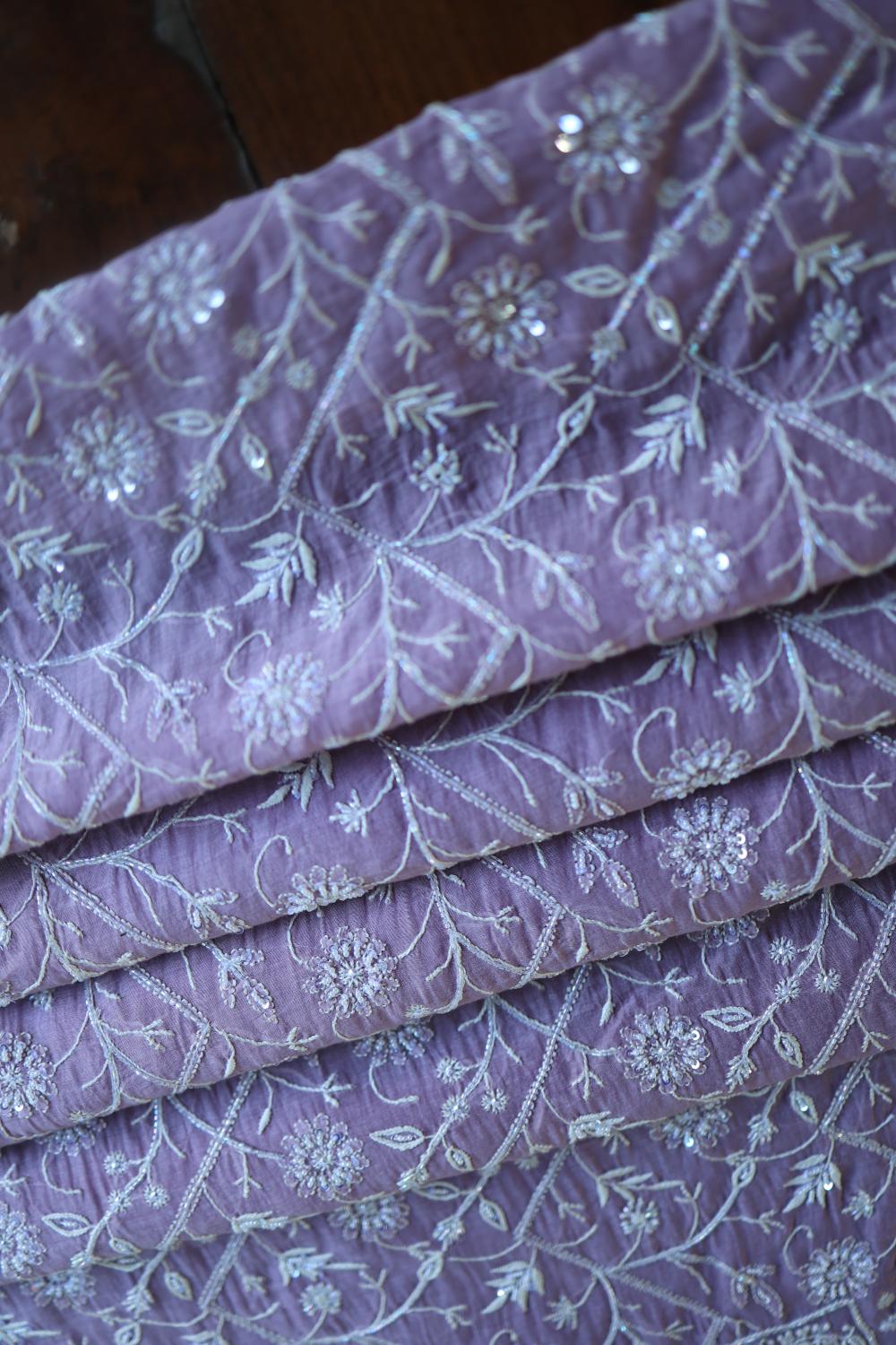 Purple Mal Chanderi Silk Chikankari With Sequins Unstitched Kurta Dupatta Set