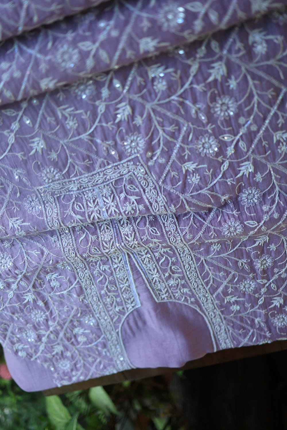 Purple Mal Chanderi Silk Chikankari With Sequins Unstitched Kurta Dupatta Set