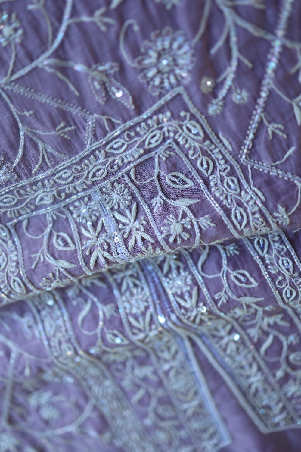 Purple Mal Chanderi Silk Chikankari With Sequins Unstitched Kurta Dupatta Set