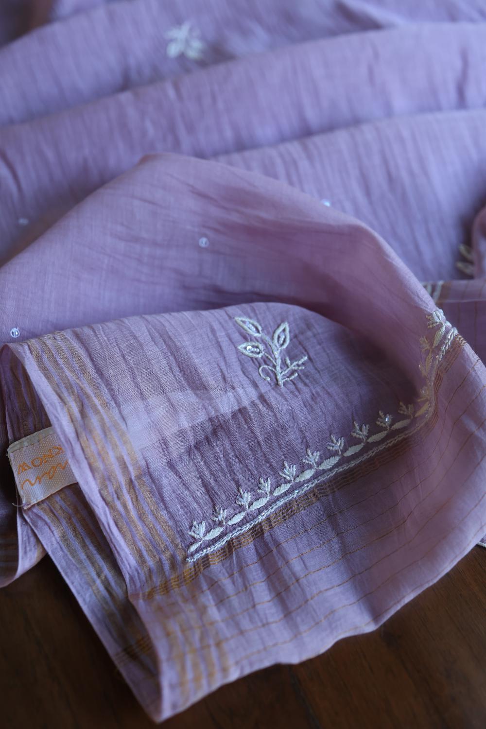 Purple Mal Chanderi Silk Chikankari With Sequins Unstitched Kurta Dupatta Set