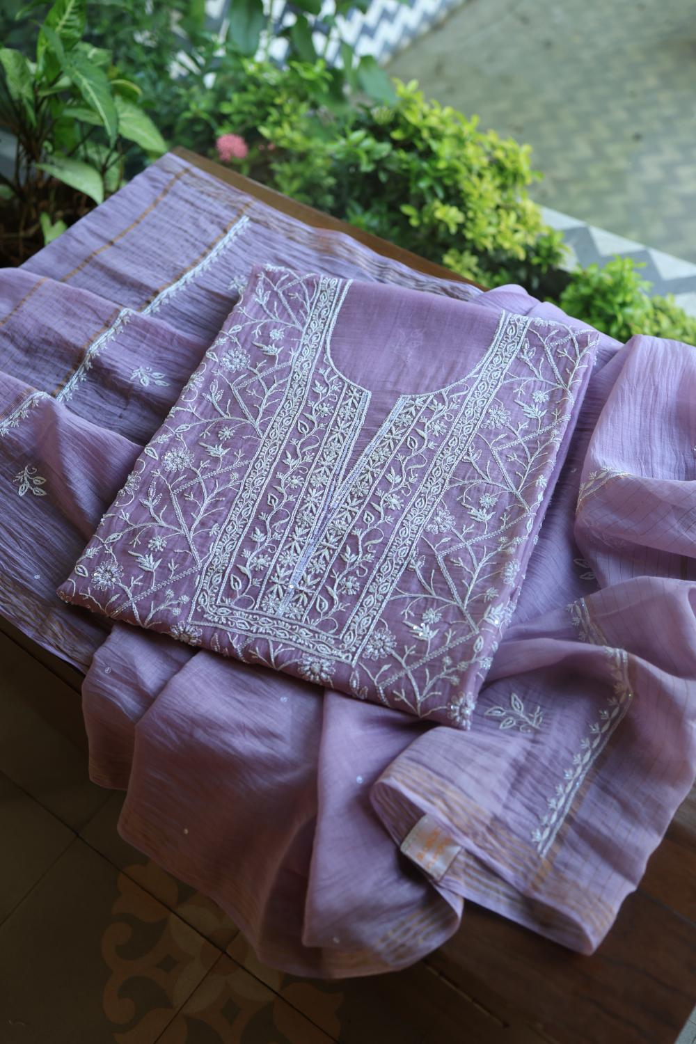 Purple Mal Chanderi Silk Chikankari With Sequins Unstitched Kurta Dupatta Set