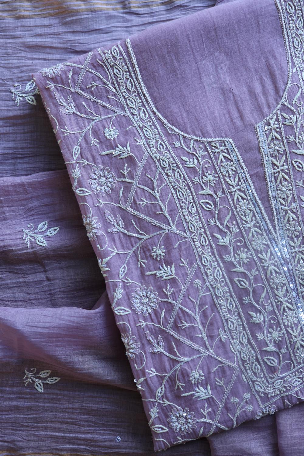 Purple Mal Chanderi Silk Chikankari With Sequins Unstitched Kurta Dupatta Set