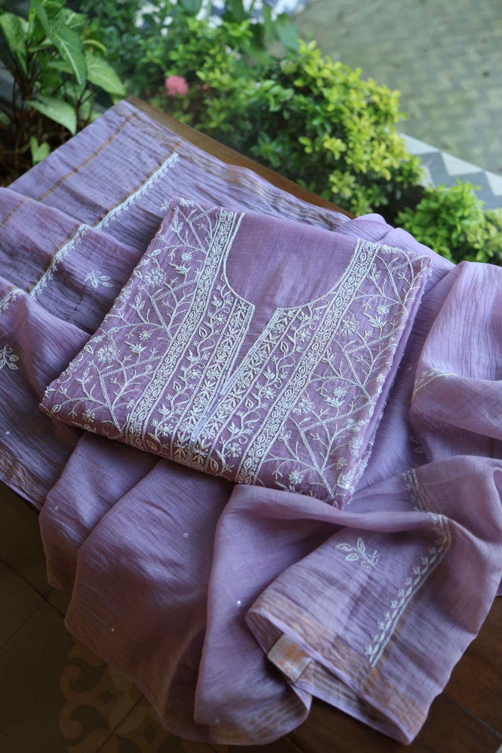 Purple Mal Chanderi Silk Chikankari With Sequins Unstitched Kurta Dupatta Set