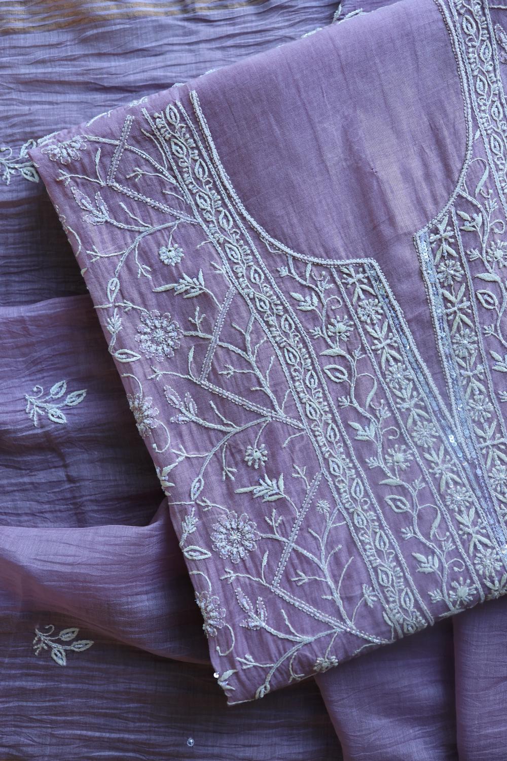 Purple Mal Chanderi Silk Chikankari With Sequins Unstitched Kurta Dupatta Set