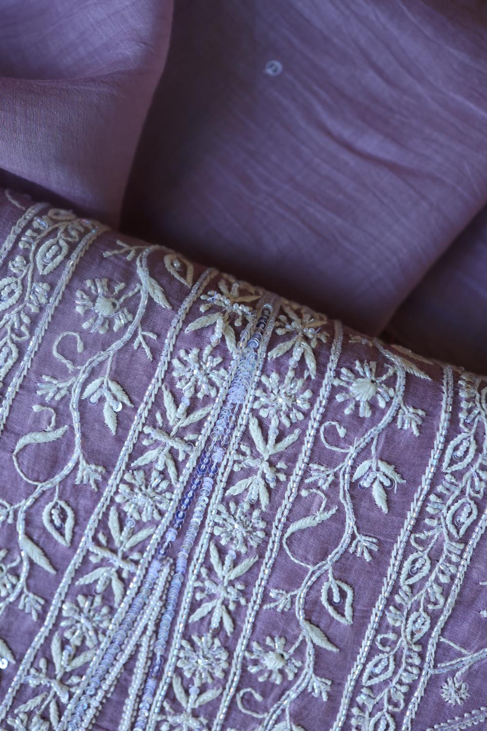Purple Mal Chanderi Silk Chikankari With Sequins Unstitched Kurta Dupatta Set