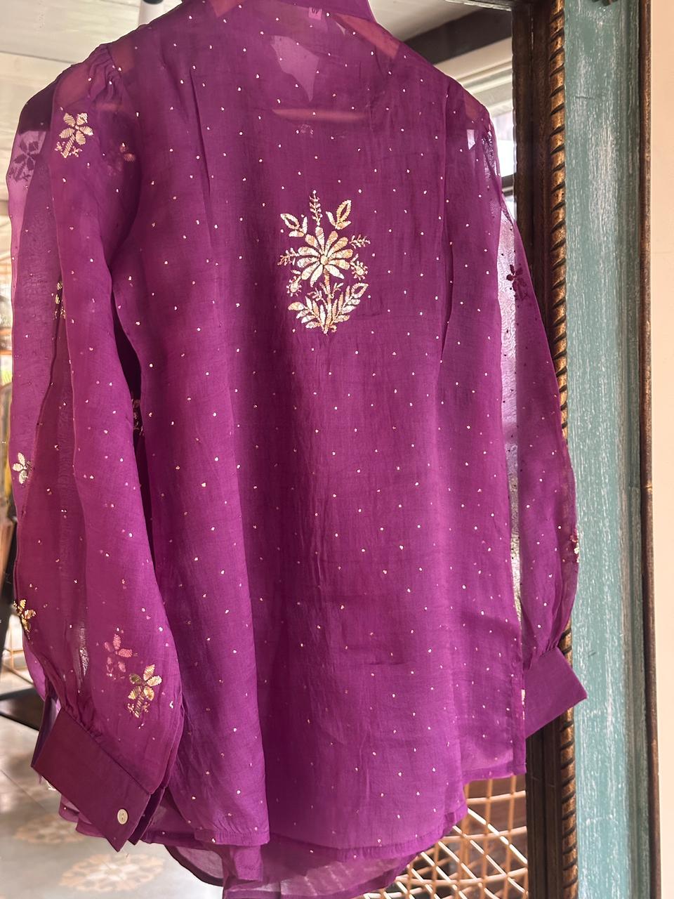Purple Noor Organza Mukaish Badla Short Top With Bow Tie