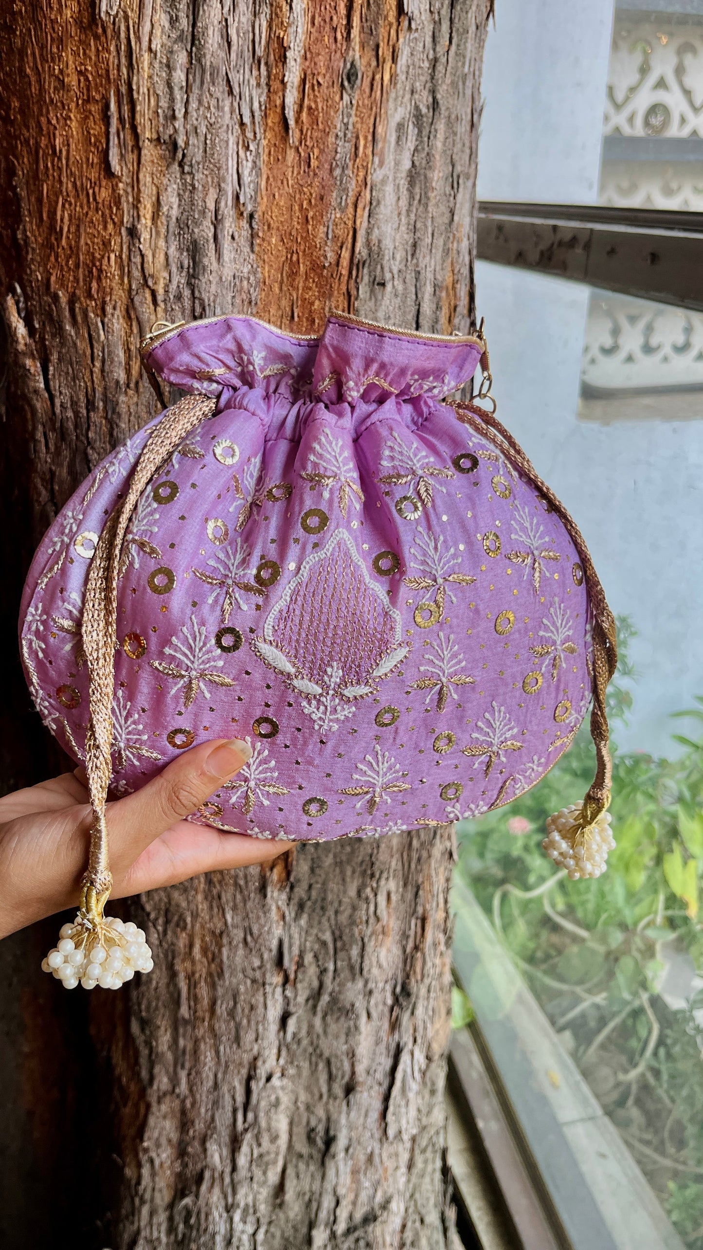 Lavender Raw Silk Chikankari Polti Bags