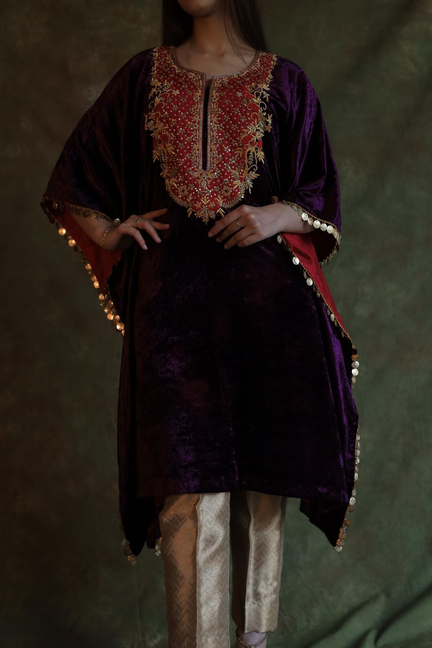 Purple | Silk Velvet Zardozi Kaftan