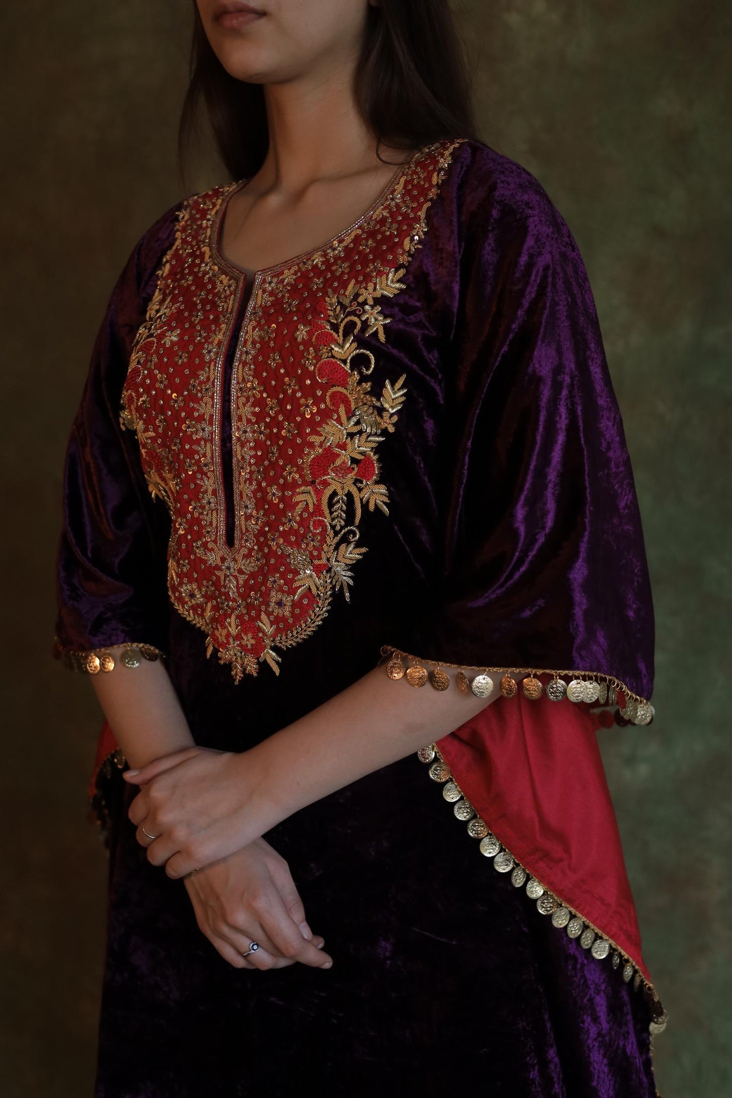 Purple | Silk Velvet Zardozi Kaftan