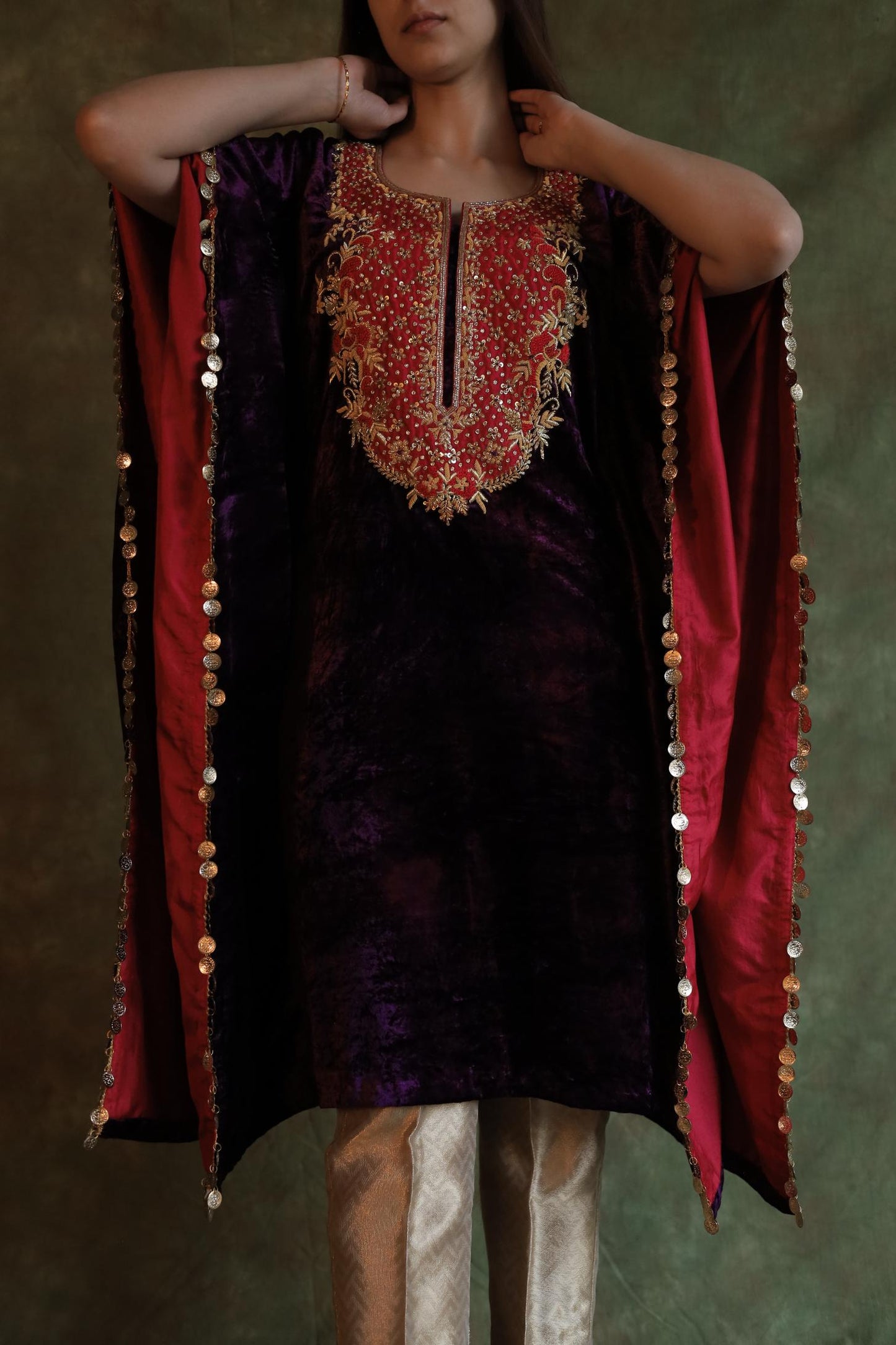 Purple | Silk Velvet Zardozi Kaftan