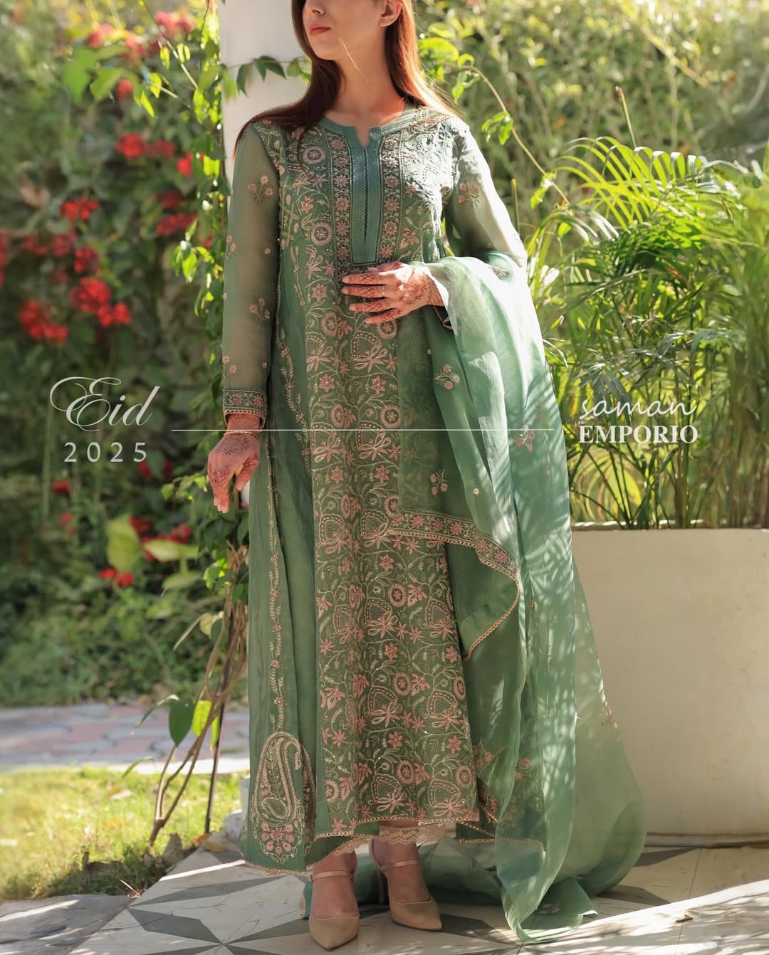 Raw Mango Green Noor Organza Chikankari Anarkali With Dupatta