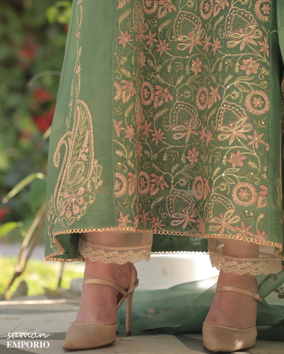 Raw Mango Green Noor Organza Chikankari Anarkali With Dupatta