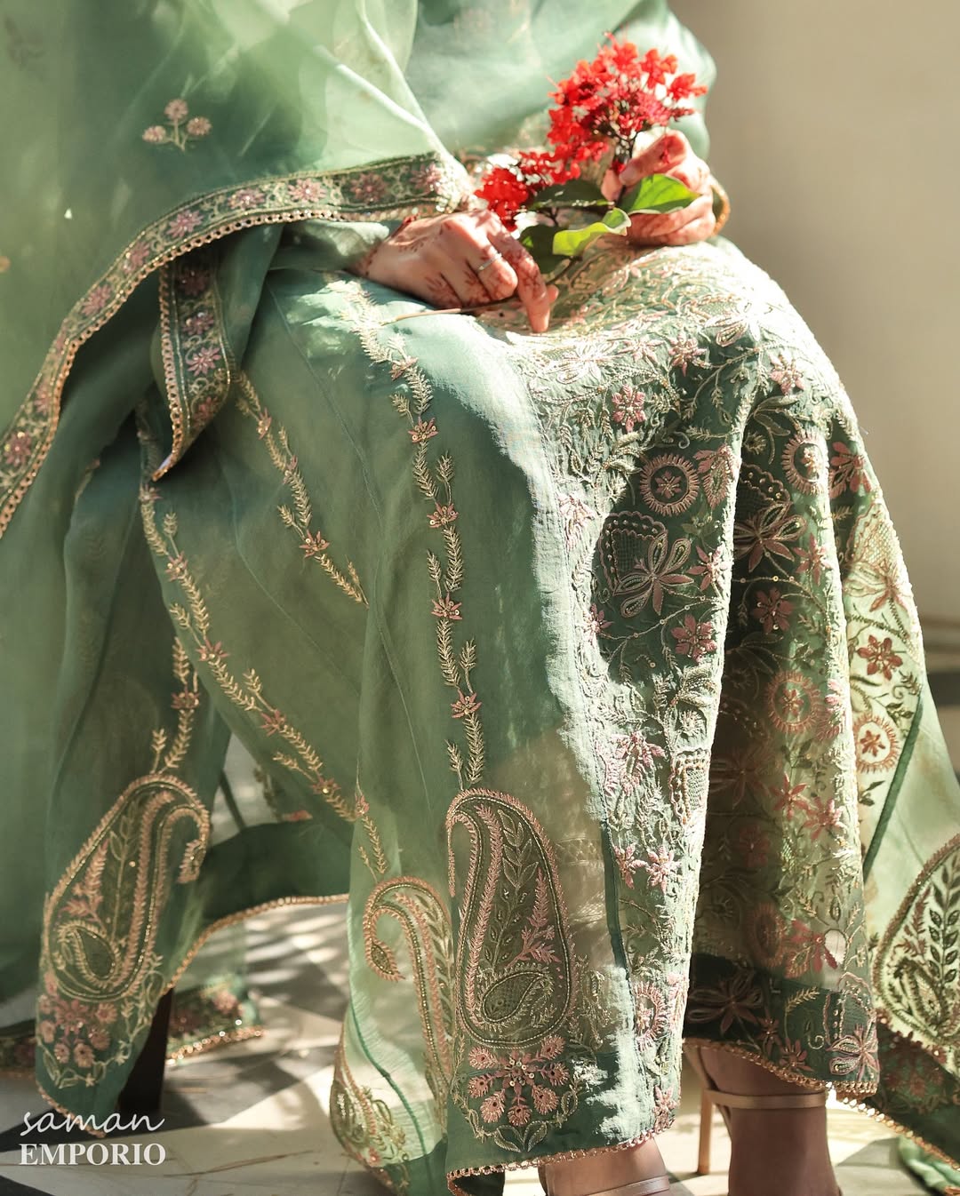 Raw Mango Green Noor Organza Chikankari Anarkali With Dupatta