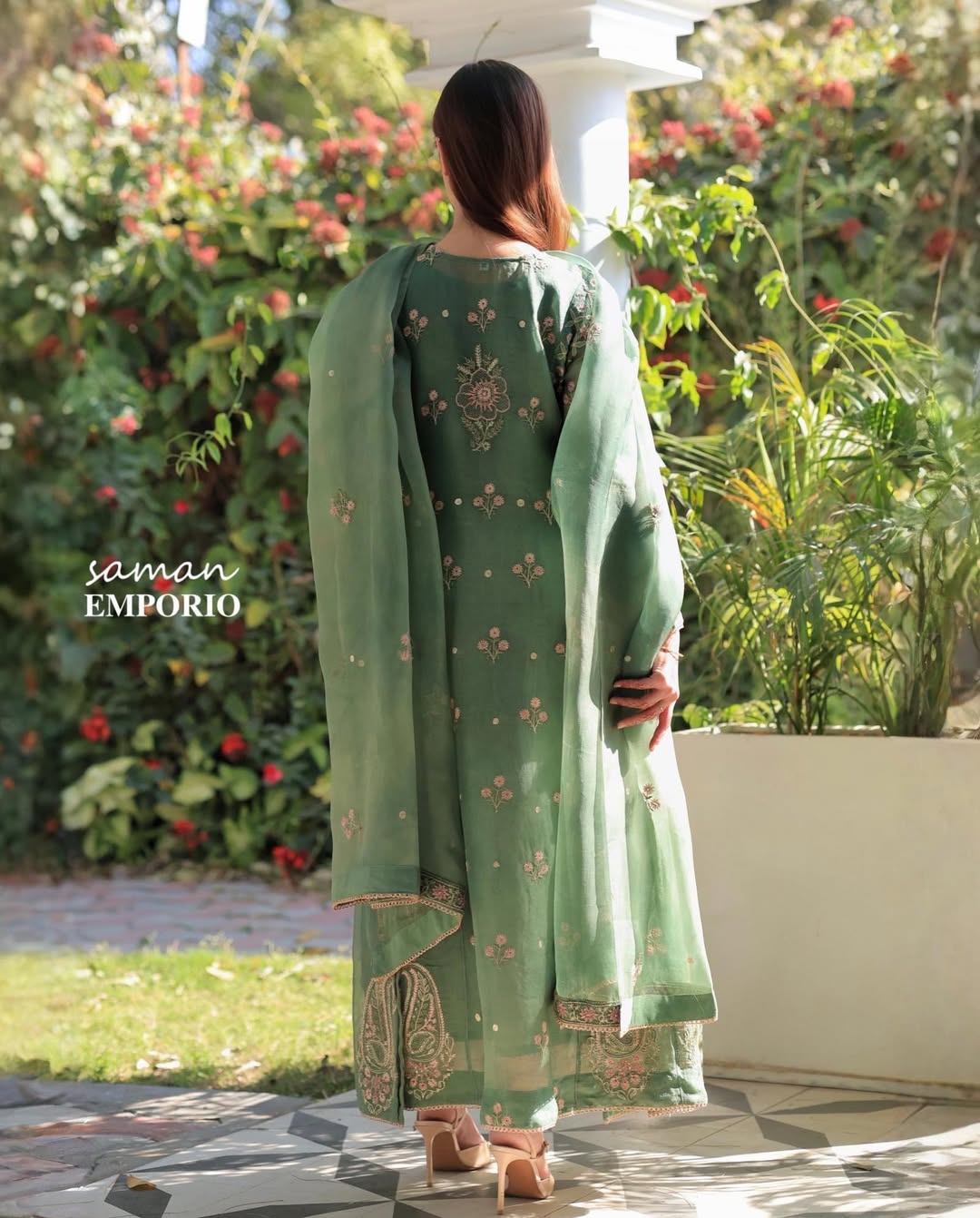 Raw Mango Green Noor Organza Chikankari Anarkali With Dupatta