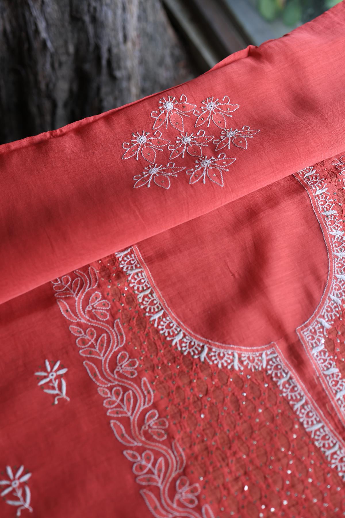 Red Daraz Chanderi Chikankari Kurta Fabrics