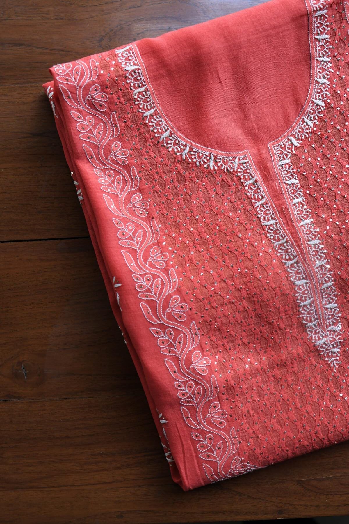 Red Daraz Chanderi Chikankari Kurta Fabrics