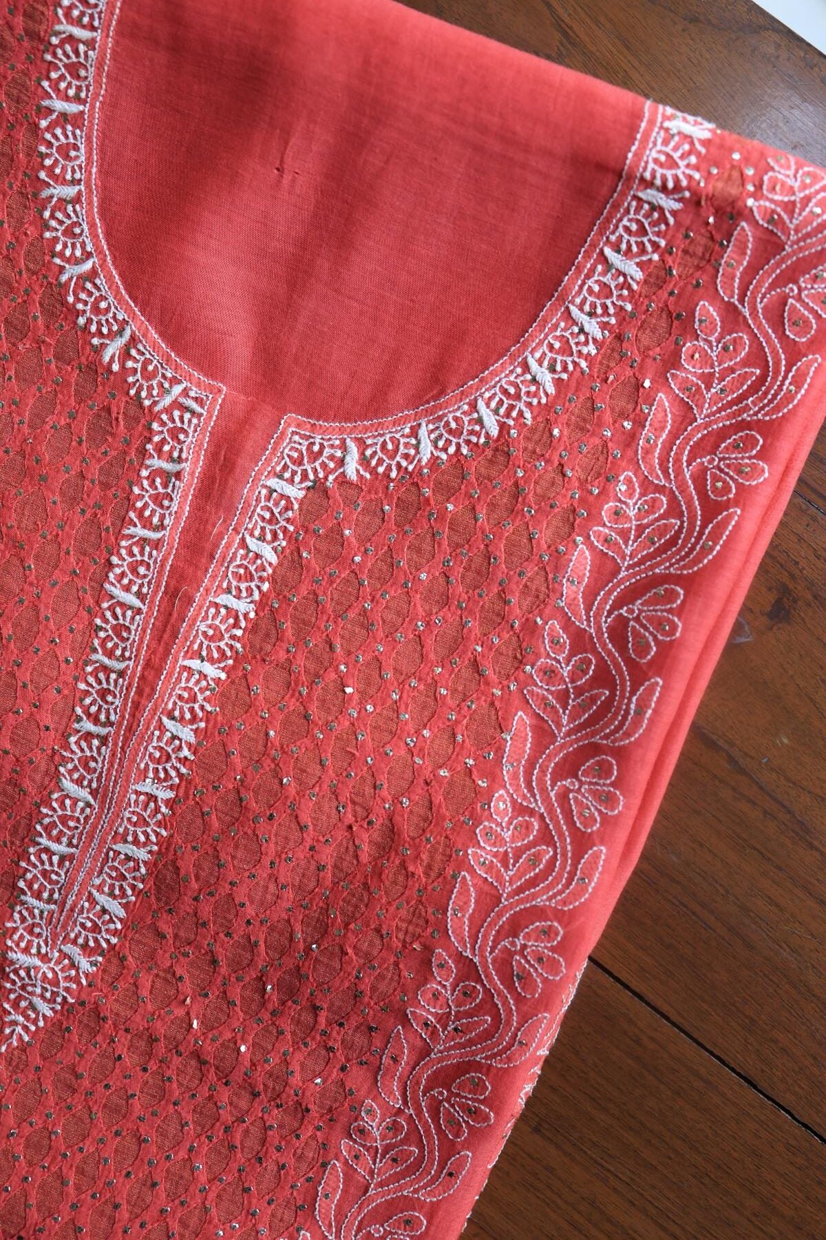 Red Daraz Chanderi Chikankari Kurta Fabrics